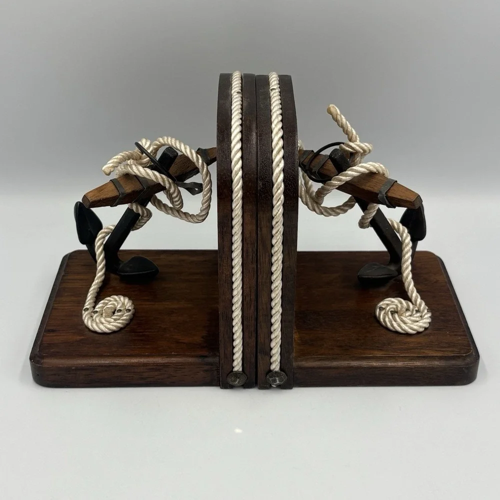 Vintage Nautical Theme‎ Bookends Wood & Rope with Cast Iron Anchors